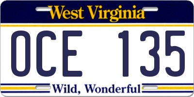 WV license plate OCE135