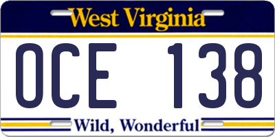 WV license plate OCE138