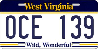 WV license plate OCE139