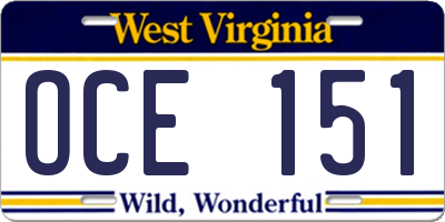 WV license plate OCE151