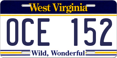 WV license plate OCE152