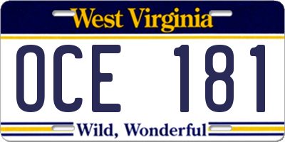 WV license plate OCE181