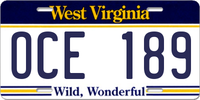 WV license plate OCE189