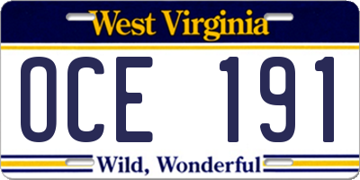WV license plate OCE191