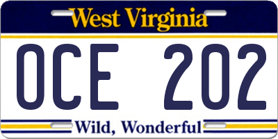 WV license plate OCE202