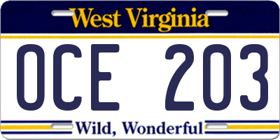WV license plate OCE203