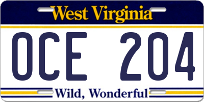 WV license plate OCE204