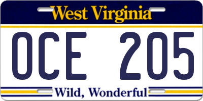 WV license plate OCE205