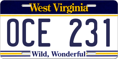 WV license plate OCE231