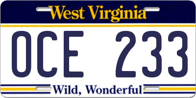 WV license plate OCE233
