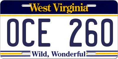 WV license plate OCE260