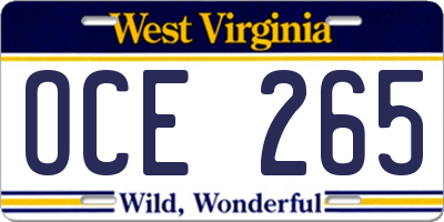 WV license plate OCE265