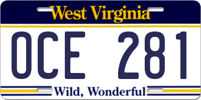 WV license plate OCE281