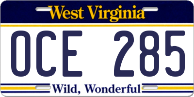 WV license plate OCE285
