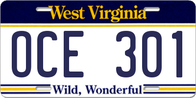 WV license plate OCE301