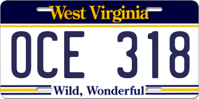 WV license plate OCE318