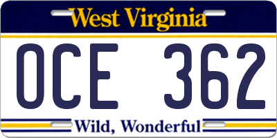WV license plate OCE362
