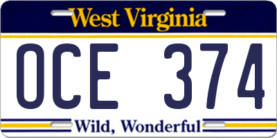WV license plate OCE374