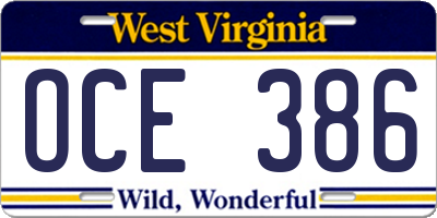 WV license plate OCE386