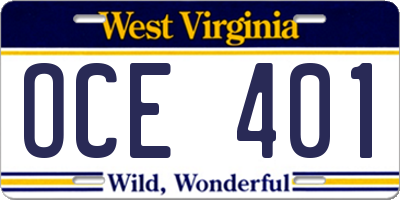 WV license plate OCE401