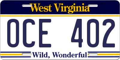 WV license plate OCE402