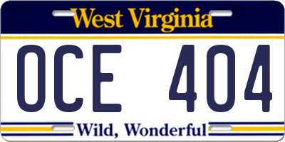 WV license plate OCE404
