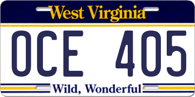WV license plate OCE405