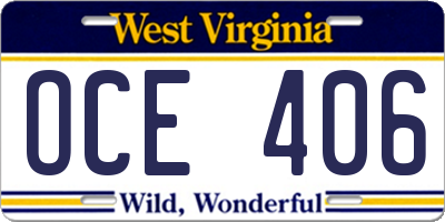 WV license plate OCE406