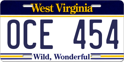 WV license plate OCE454