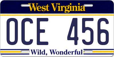 WV license plate OCE456