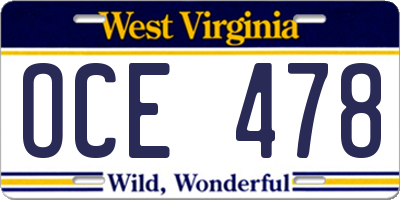 WV license plate OCE478
