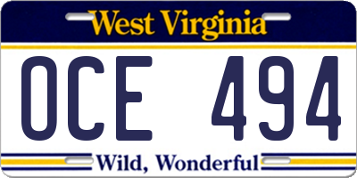 WV license plate OCE494