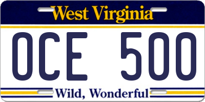 WV license plate OCE500