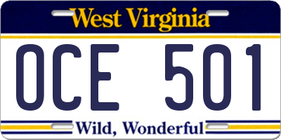 WV license plate OCE501