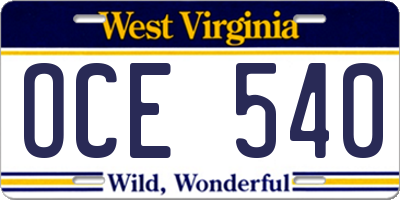 WV license plate OCE540