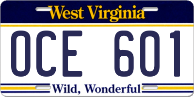 WV license plate OCE601