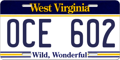 WV license plate OCE602
