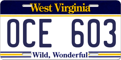 WV license plate OCE603