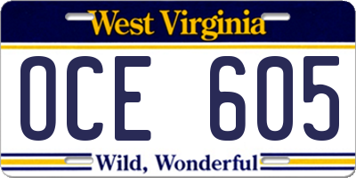 WV license plate OCE605