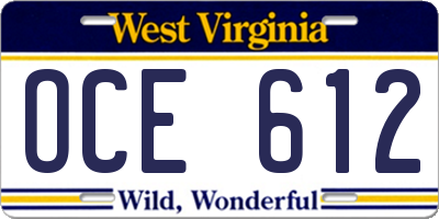 WV license plate OCE612