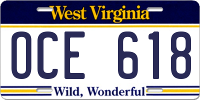 WV license plate OCE618