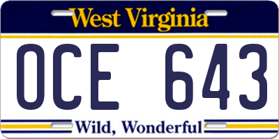 WV license plate OCE643