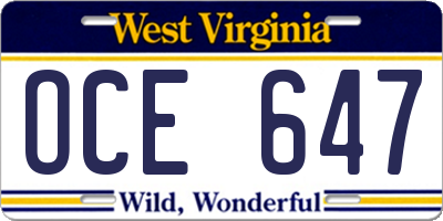 WV license plate OCE647