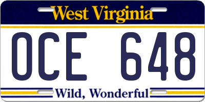 WV license plate OCE648