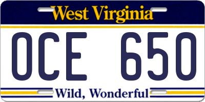 WV license plate OCE650