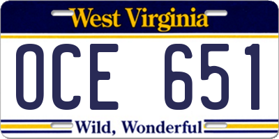 WV license plate OCE651