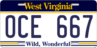 WV license plate OCE667
