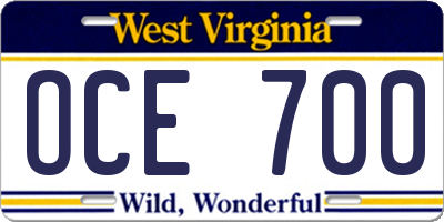 WV license plate OCE700