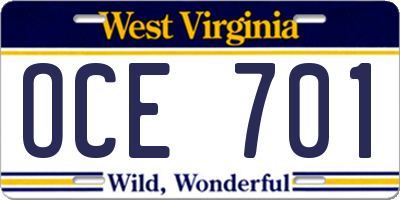 WV license plate OCE701