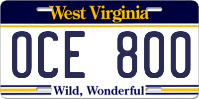WV license plate OCE800
